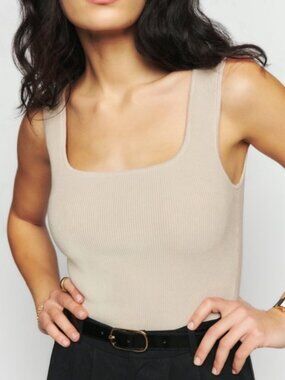 REFORMATION Julia Ribbed Sweater Tank Top Coyote Sml Minimalist Stretch Granola